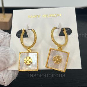 Tory Burch Huggie Square Logo Stud Earrings in Ivory White (NWT)